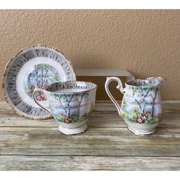 Royal Albert Silver Birch Bone China Cup Saucer & Creamer Set England Vintage - Picture 1 of 16
